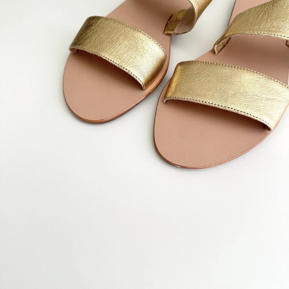 NEW LOEFFLER RANDALL Metallic Gold Leather Double Strap Flat Sandals Size 8 - Picture 2 of 7